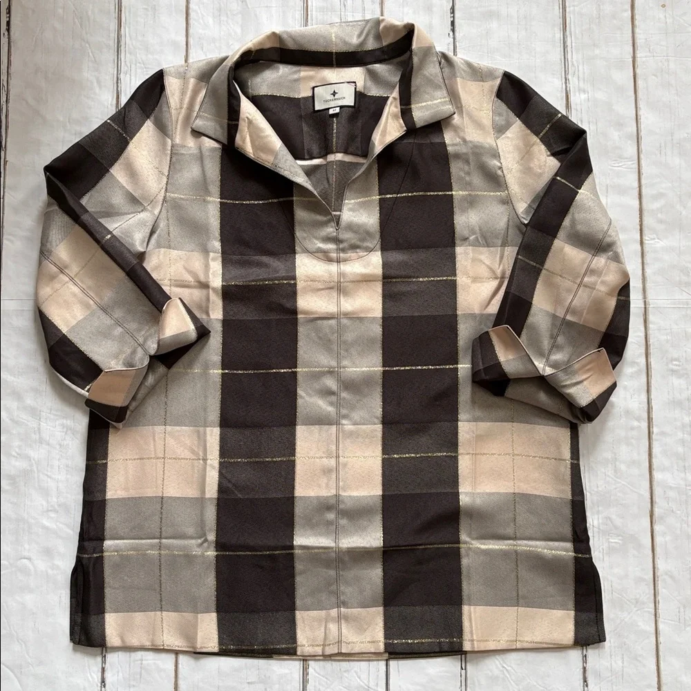 Tuckernuck Mairead Check Plaid Beige and Black 3/4 Sleeve Top - Picture 1 of 10